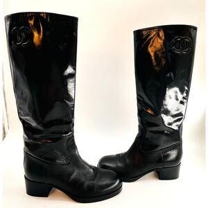 Chanel CC Black Patent Leather Riding‎ Boots EU 35 US 5